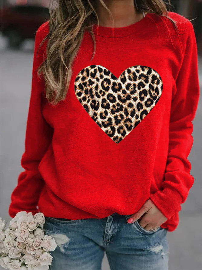 Women's Round Neck Leopard Print Heart Printing Hooded Veet Coats