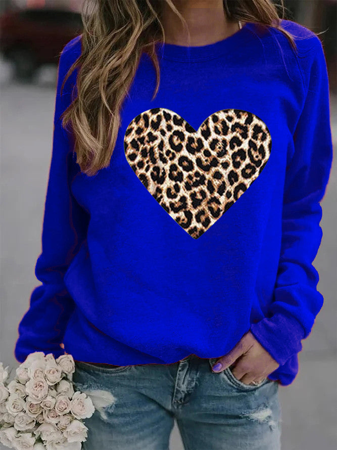 Women's Round Neck Leopard Print Heart Printing Hooded Veet Coats