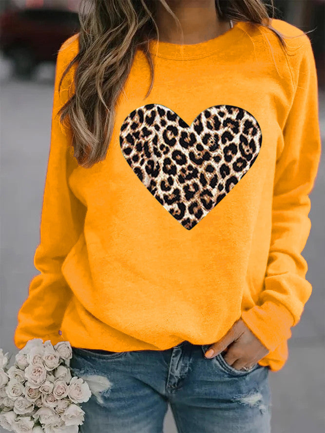 Women's Round Neck Leopard Print Heart Printing Hooded Veet Coats