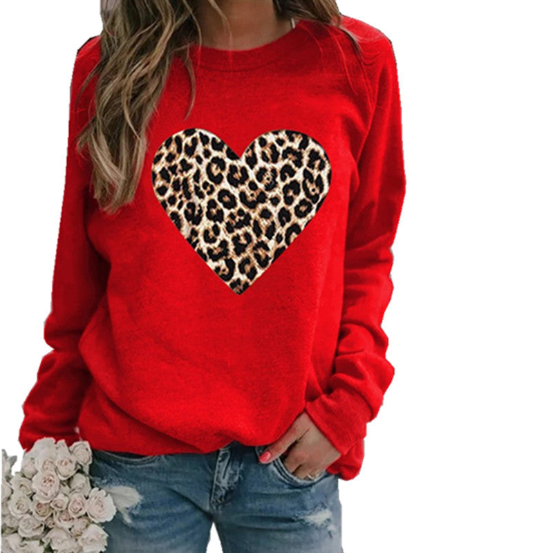 Women's Round Neck Leopard Print Heart Printing Hooded Veet Coats