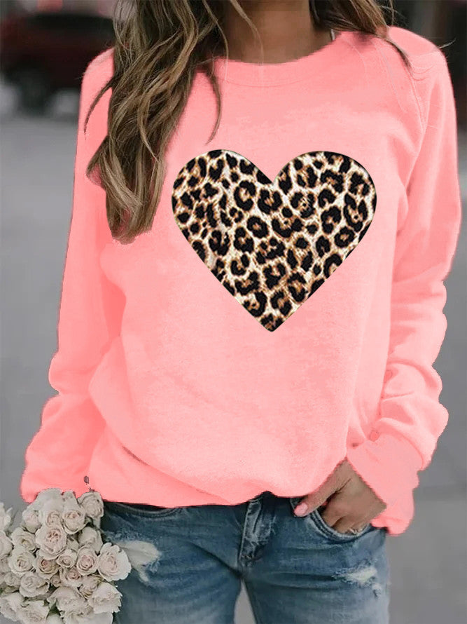 Women's Round Neck Leopard Print Heart Printing Hooded Veet Coats