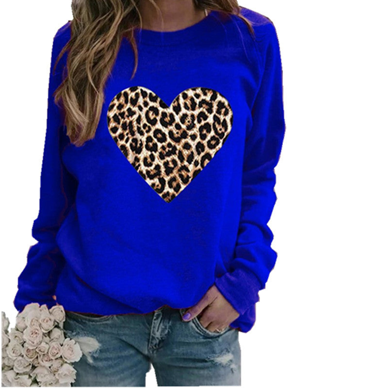 Women's Round Neck Leopard Print Heart Printing Hooded Veet Coats