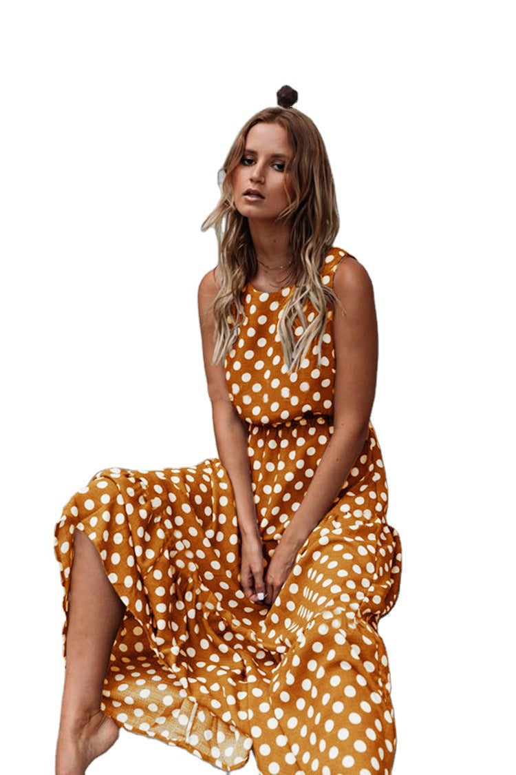 Polka Dot Round Neck Sleeveless Medium Dresses