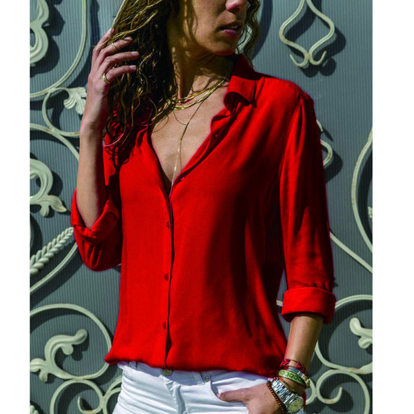 Women's Solid Color Deep Button Long Sleeve Blouses