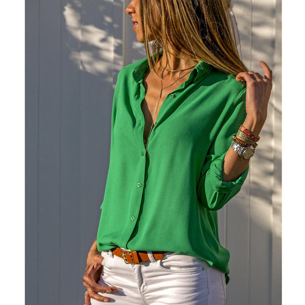 Women's Solid Color Deep Button Long Sleeve Blouses