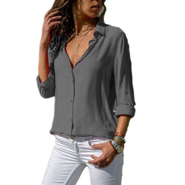 Women's Solid Color Deep Button Long Sleeve Blouses