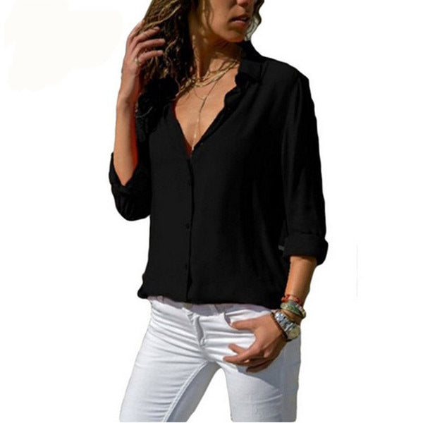 Women's Solid Color Deep Button Long Sleeve Blouses