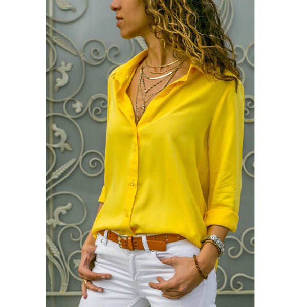 Women's Solid Color Deep Button Long Sleeve Blouses