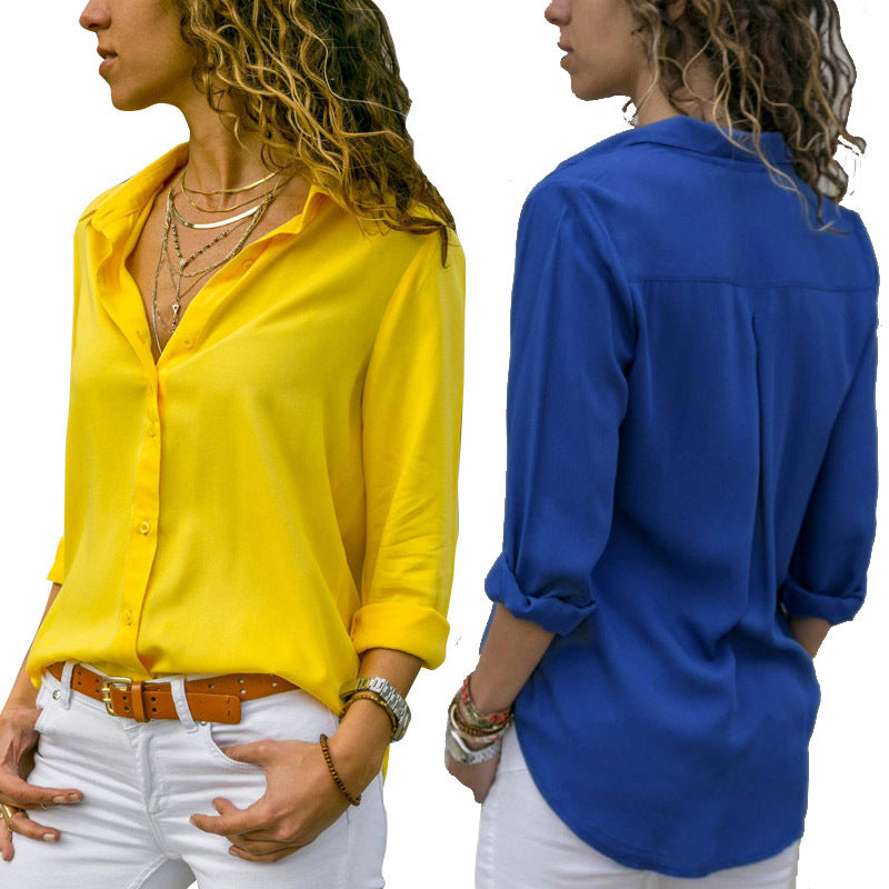 Women's Solid Color Deep Button Long Sleeve Blouses