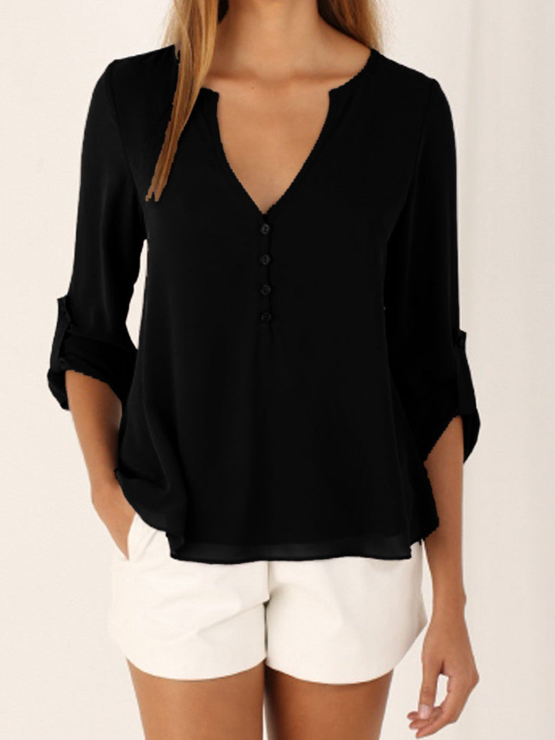 Women's Color Elegant Long Sleeve V-neck Loose Blouses