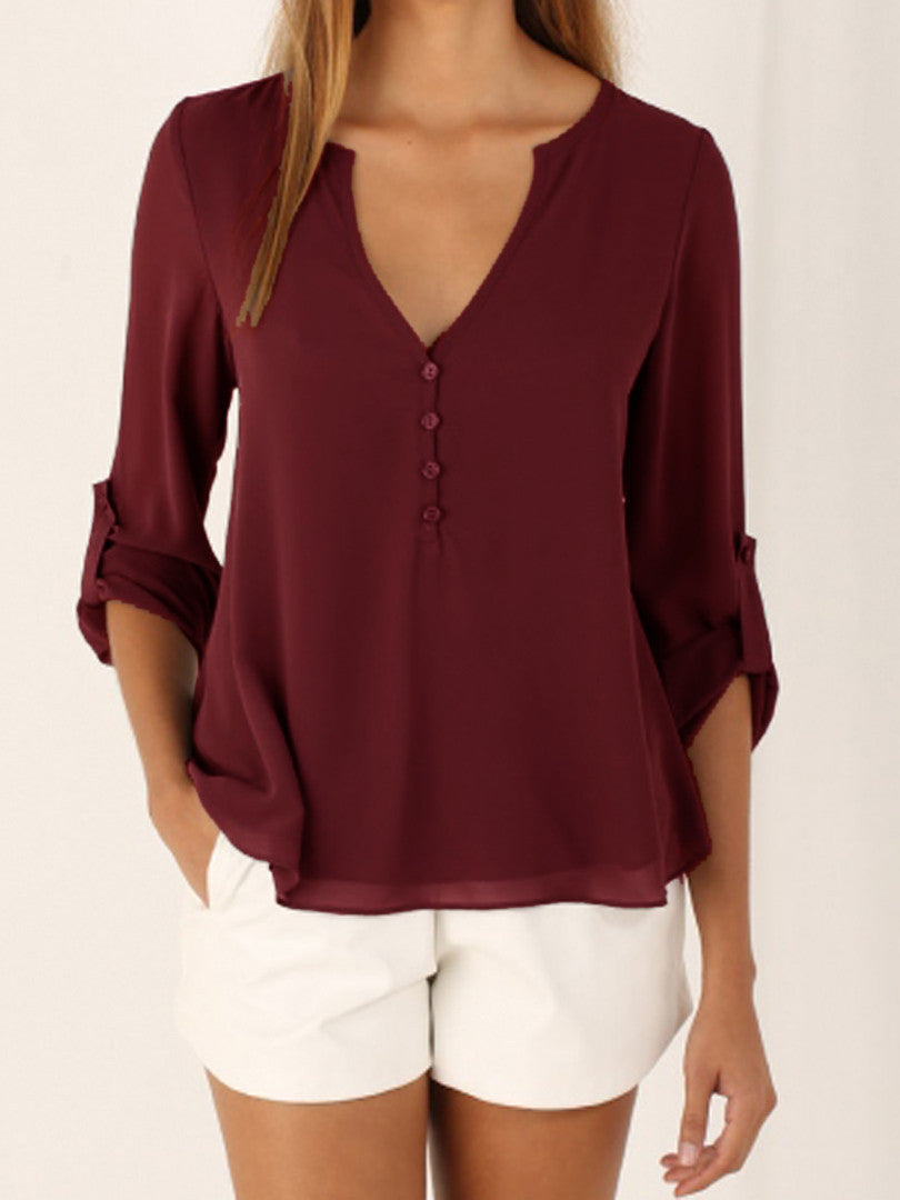 Women's Color Elegant Long Sleeve V-neck Loose Blouses