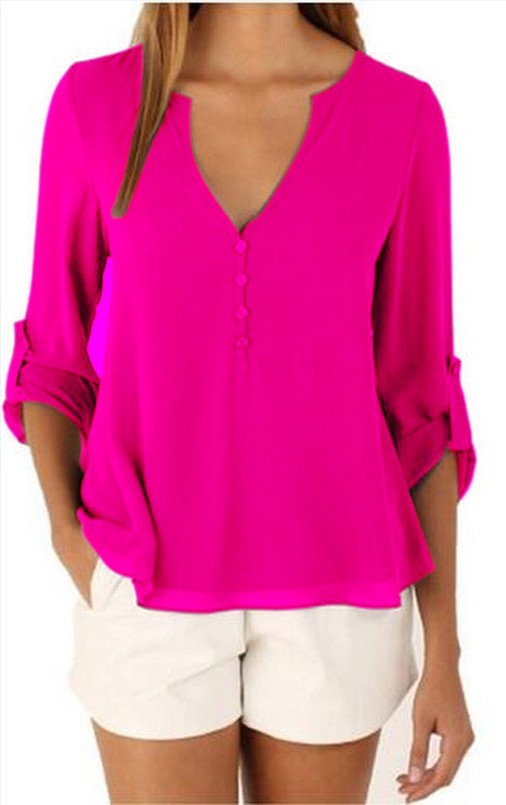 Women's Color Elegant Long Sleeve V-neck Loose Blouses