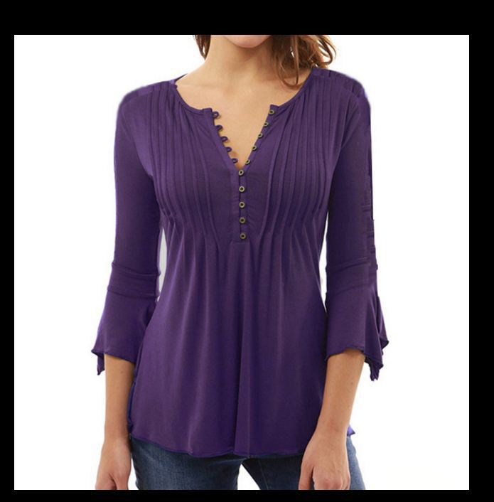 Women's 3/4 Flare Sleeve V-neck Pleated Solid Blouses