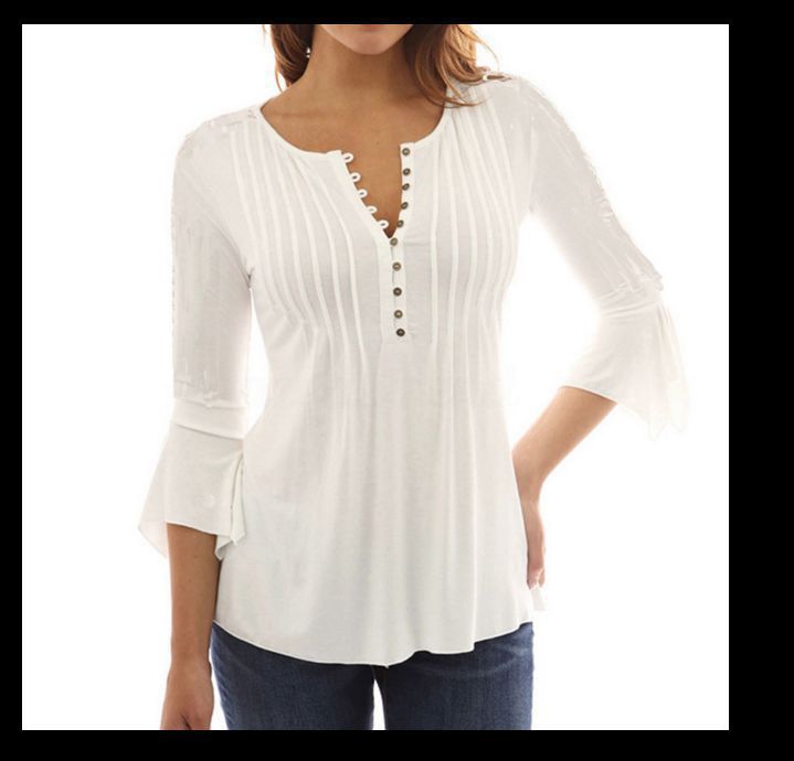 Women's 3/4 Flare Sleeve V-neck Pleated Solid Blouses