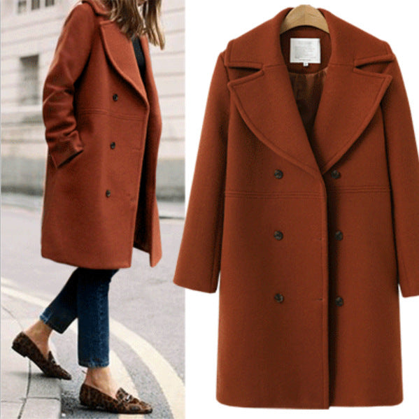 Popular Women's Large Woolen Double-breasted Mid-length Coats