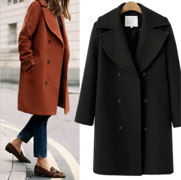 Popular Women's Large Woolen Double-breasted Mid-length Coats