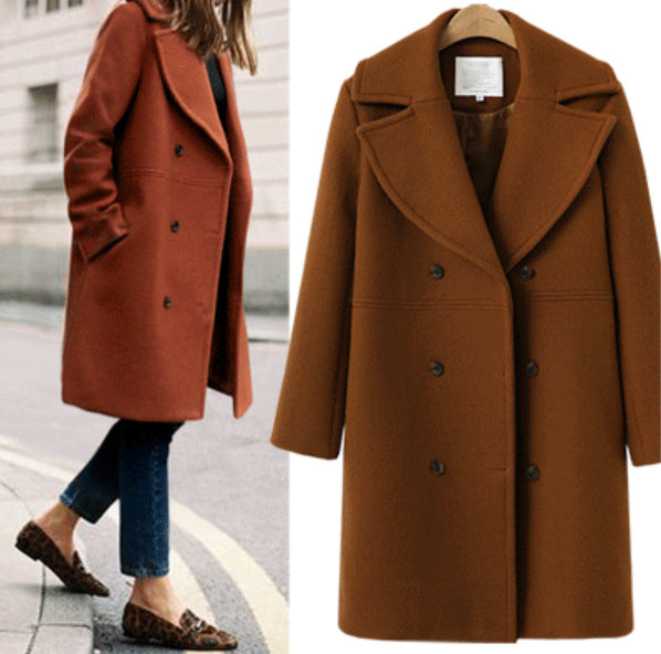 Popular Women's Large Woolen Double-breasted Mid-length Coats