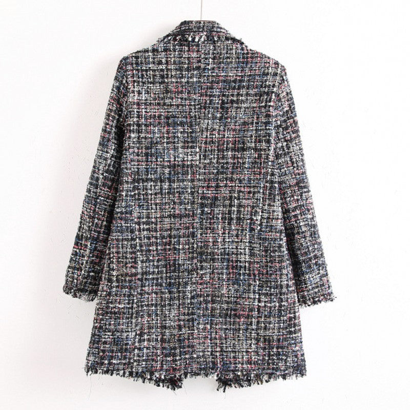 Women's Mid-length Pearl Buckle Tassel Plaid Coats