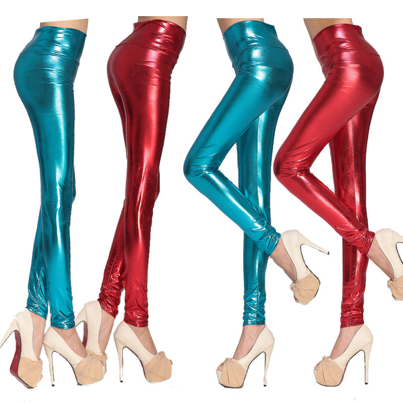 Women's Waist Slim Fit Leather Stretch Bright Leggings