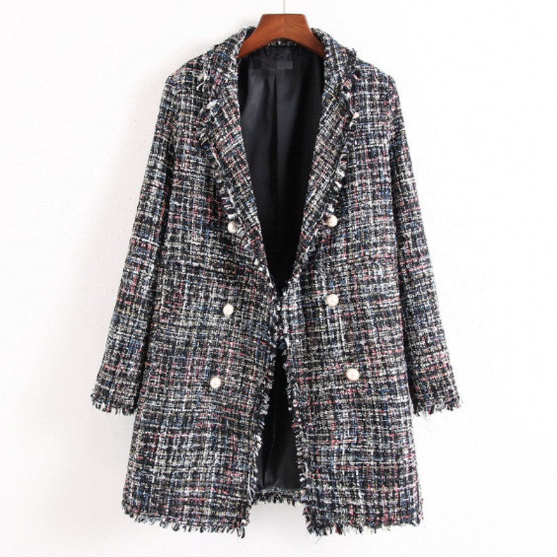 Women's Mid-length Pearl Buckle Tassel Plaid Coats