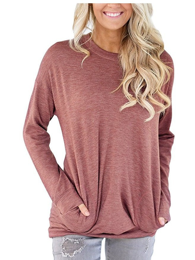 Women's Batwing Long Sleeve Pocket Solid Color Blouses