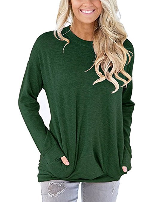 Women's Batwing Long Sleeve Pocket Solid Color Blouses