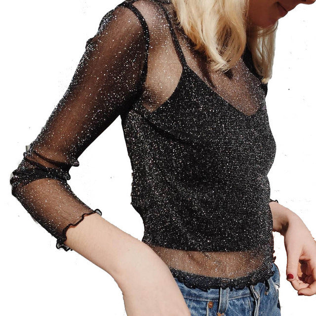 Women's Sexy Mesh T-shirt Long Sleeve Underwear Blouses