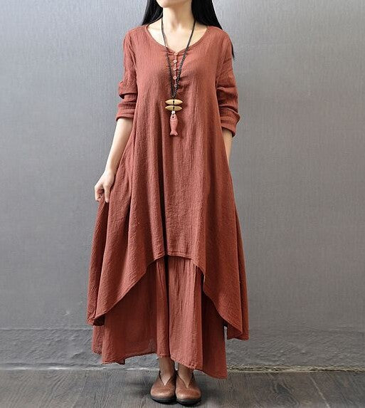 Spring Two-piece Long Linen Dress Loose Sleeve Dresses