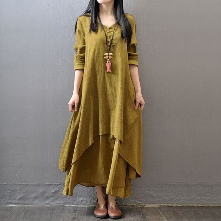 Spring Two-piece Long Linen Dress Loose Sleeve Dresses