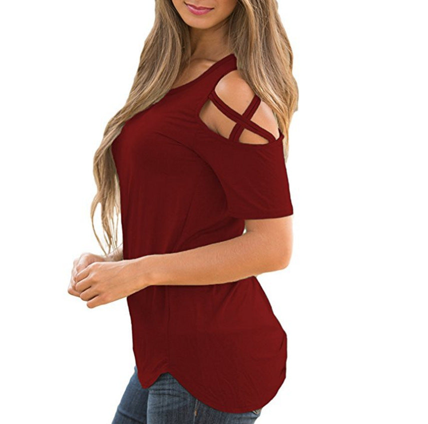 Women's Cross Strap Sleeve Round Neck Slim Blouses