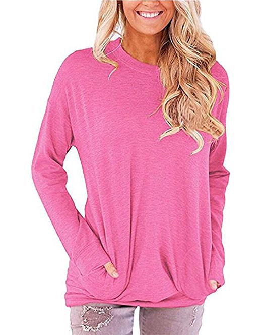 Women's Batwing Long Sleeve Pocket Solid Color Blouses