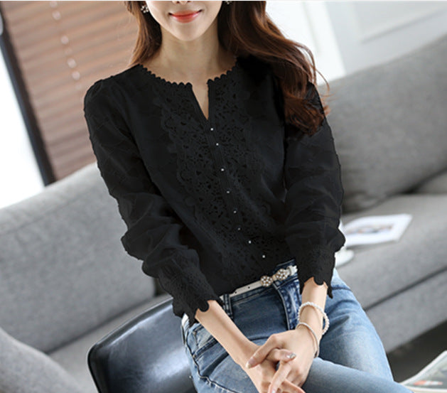 Women's Spring V-neck Slim-fit Fashionable Lace Chiffon Blouses