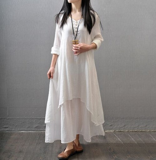 Spring Two-piece Long Linen Dress Loose Sleeve Dresses