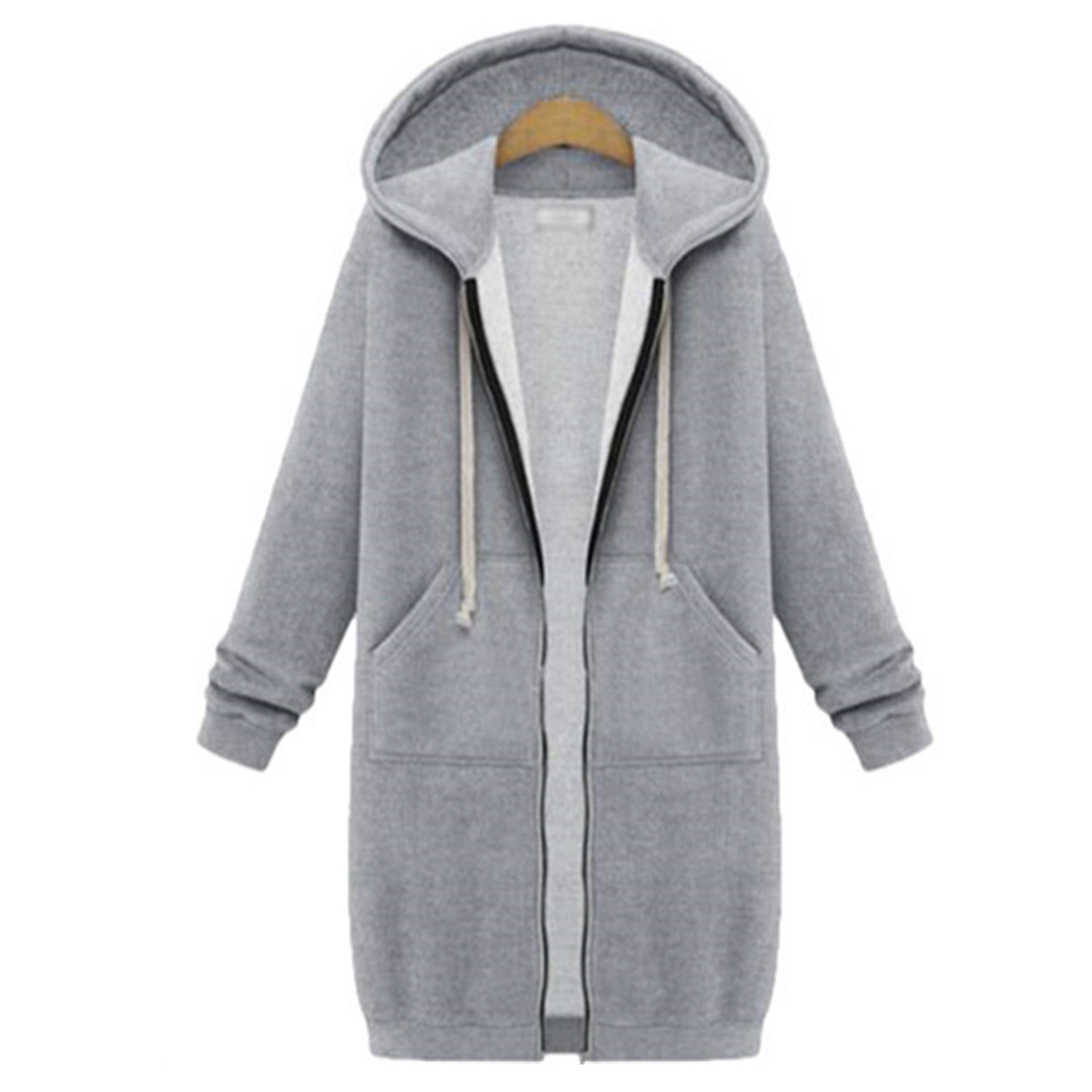 Women's Solid Color Fleece-lined Pocket Hooded Zipper Coats