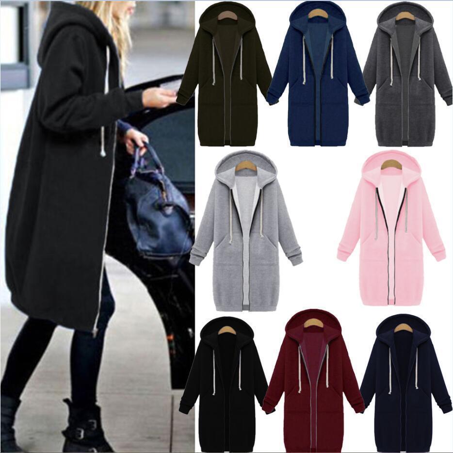 Women's Solid Color Fleece-lined Pocket Hooded Zipper Coats