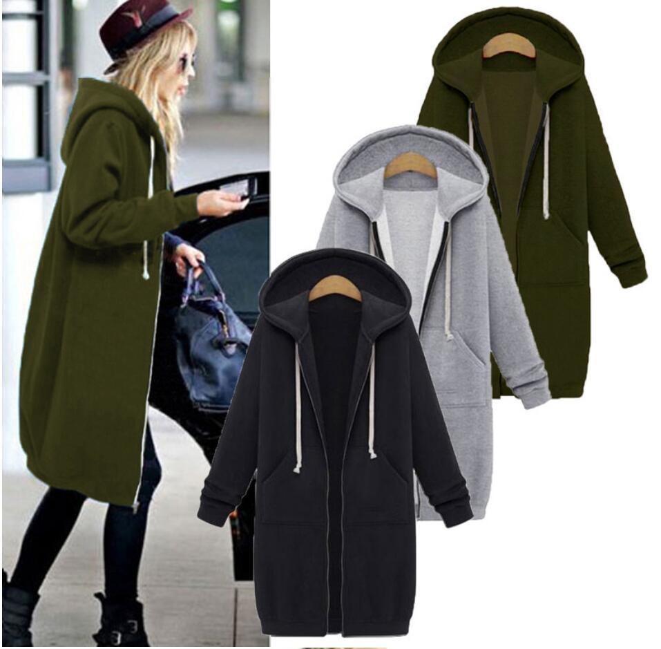 Women's Solid Color Fleece-lined Pocket Hooded Zipper Coats