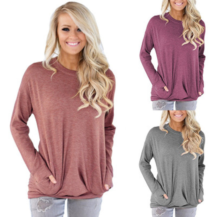 Women's Batwing Long Sleeve Pocket Solid Color Blouses