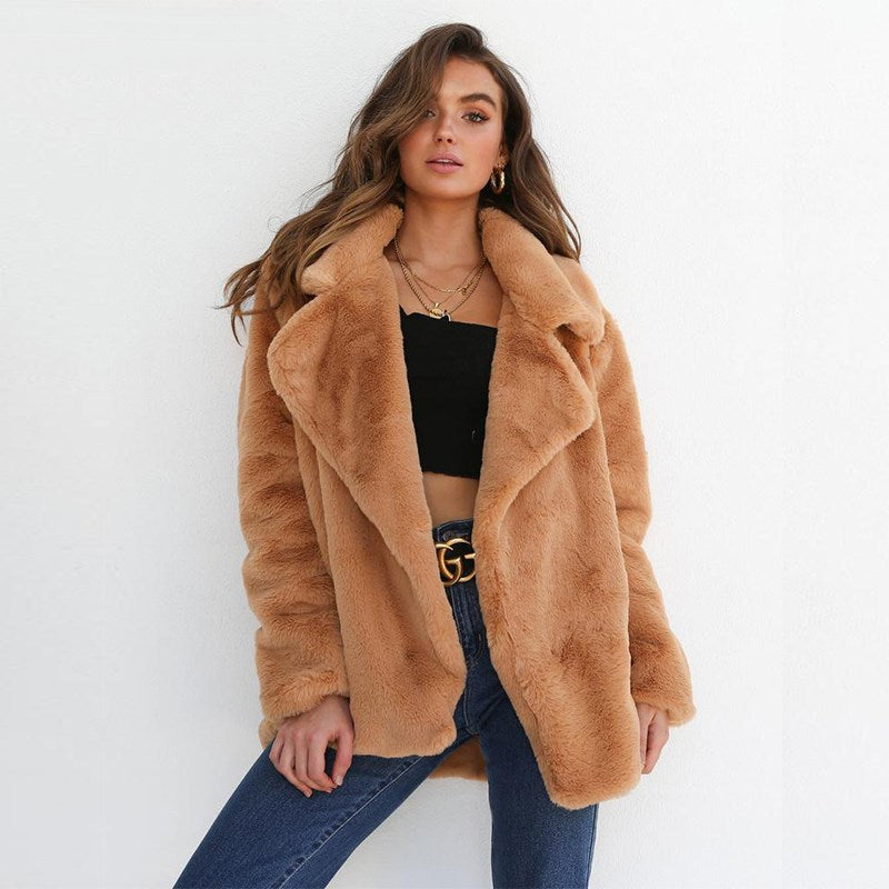 Rabbit Fur Faux Collar Fashion Mid-length Coats