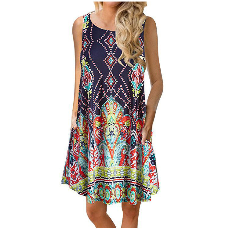 Pullover Element Printed Pocket Large Swing Dresses