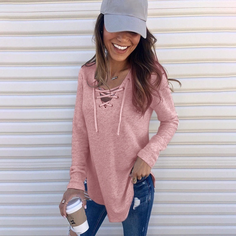 Stylish Solid Color V-neck Loose T-shirt Tops