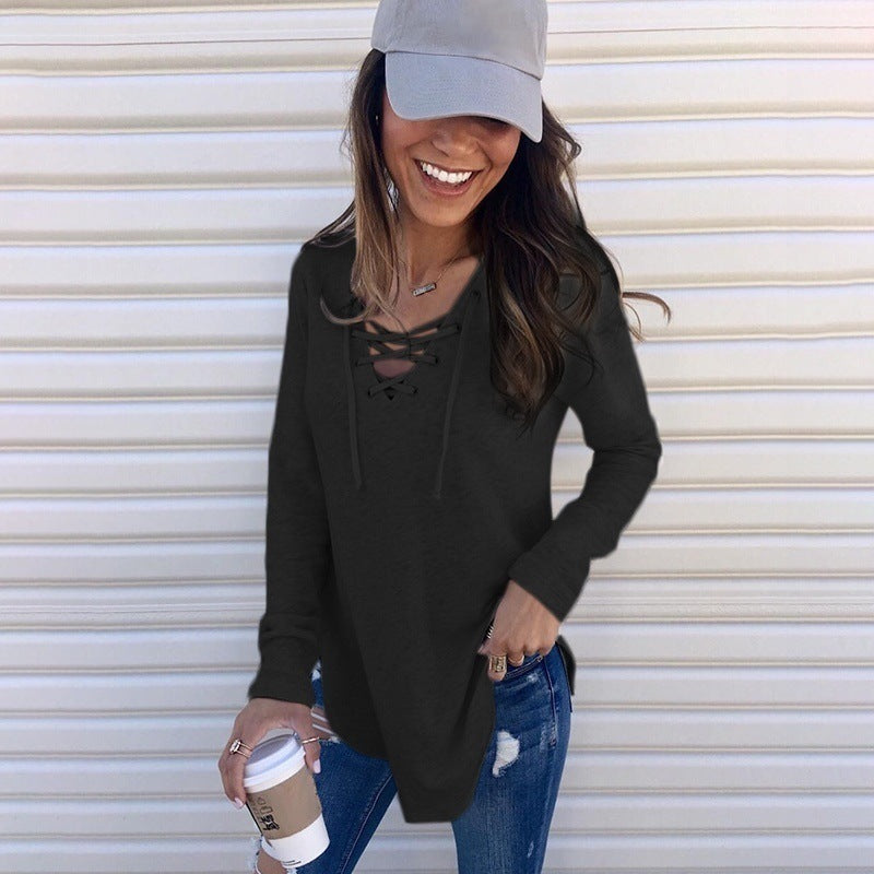 Stylish Solid Color V-neck Loose T-shirt Tops