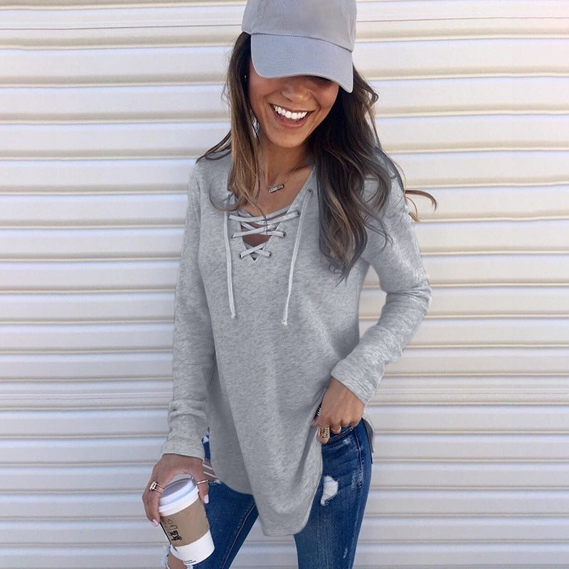 Stylish Solid Color V-neck Loose T-shirt Tops