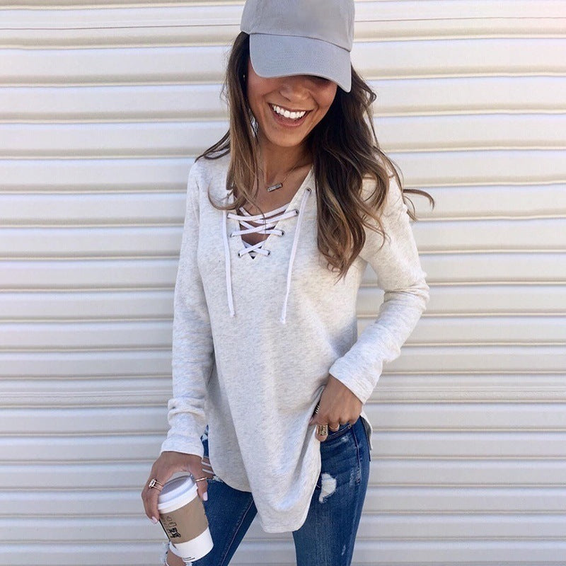 Stylish Solid Color V-neck Loose T-shirt Tops