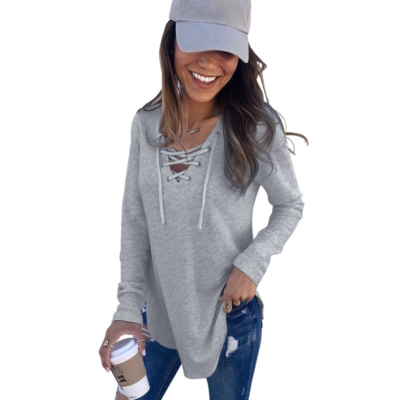 Stylish Solid Color V-neck Loose T-shirt Tops