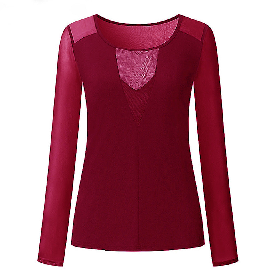 Women's Sexy Slim-fit V-neck Mesh Stitching Long-sleeved Tops