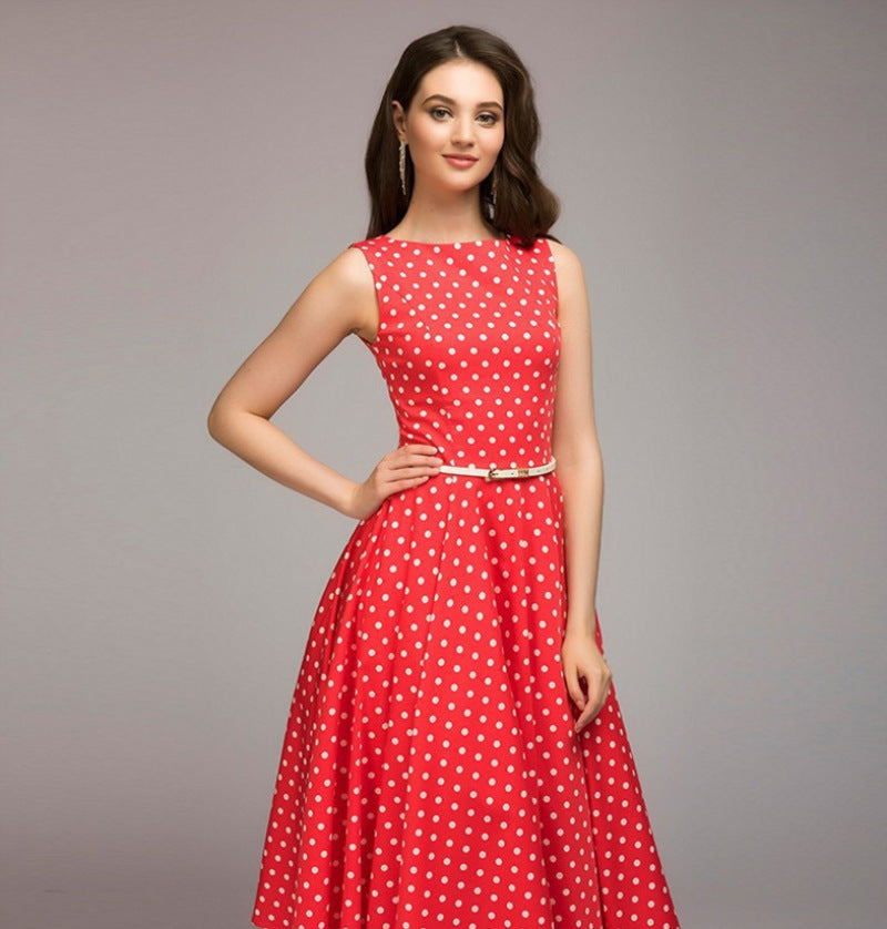 Women's Summer Retro Dots Sleeveless Swing Long Dresses