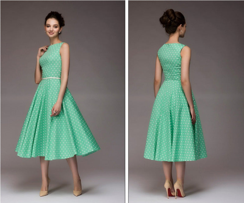 Women's Summer Retro Dots Sleeveless Swing Long Dresses