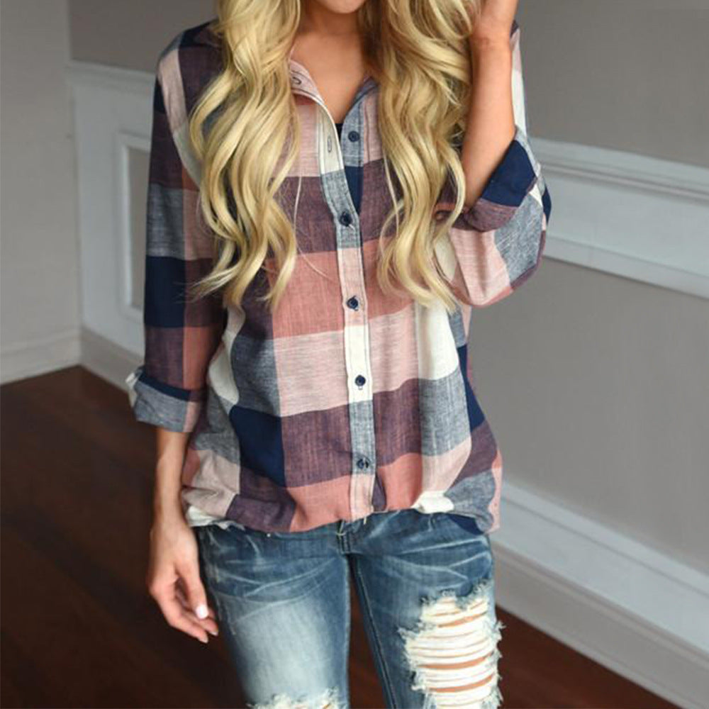 Women's Lattice Shirt Lapel Casual Long-sleeved Plaid Tops