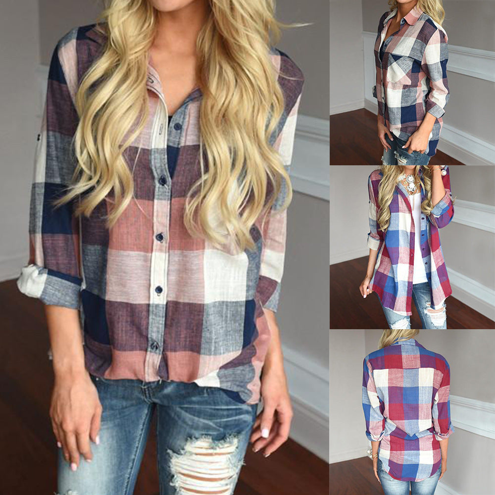 Women's Lattice Shirt Lapel Casual Long-sleeved Plaid Tops