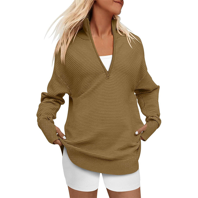 Women's Sleeve Half Zip Casual Rib Knitted Sweaters